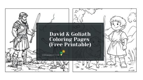 A detailed coloring page featuring the biblical scene of David and Goliath, perfect for creative expression. Free printable!