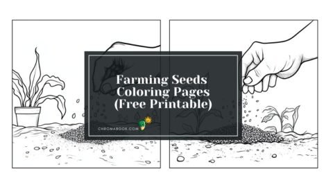 A detailed coloring page featuring various farming seeds, plants, and tools, perfect for kids and adults. Free printable design.