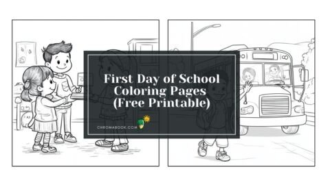 A fun "First Day of School" coloring page featuring school supplies, a cheerful classroom scene, and friendly characters. Free printable!