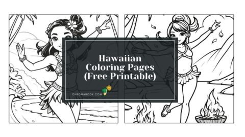 A tropical Hawaiian coloring page featuring intricate floral patterns and vibrant animals, perfect for a free printable activity.