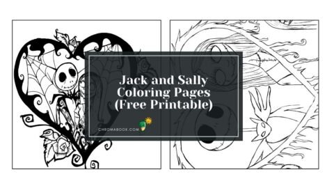 A whimsical coloring page featuring Jack and Sally from "The Nightmare Before Christmas," perfect for a free printable activity.