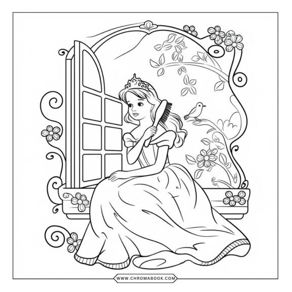 A whimsical vintage fairytale scene featuring enchanting characters and intricate details, perfect for a coloring page. Free printable!