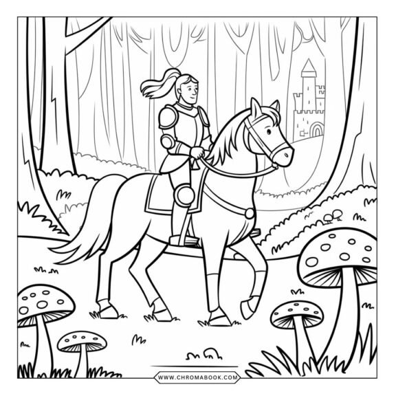 A whimsical vintage fairytale scene featuring enchanting castles and magical creatures, perfect for a coloring page. Free printable!