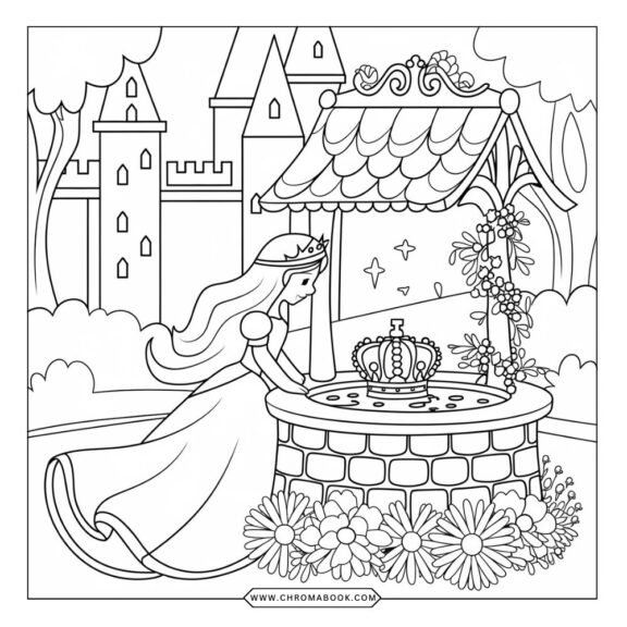 A whimsical vintage fairytale scene featuring enchanting castles and woodland creatures, perfect for a free printable coloring page.