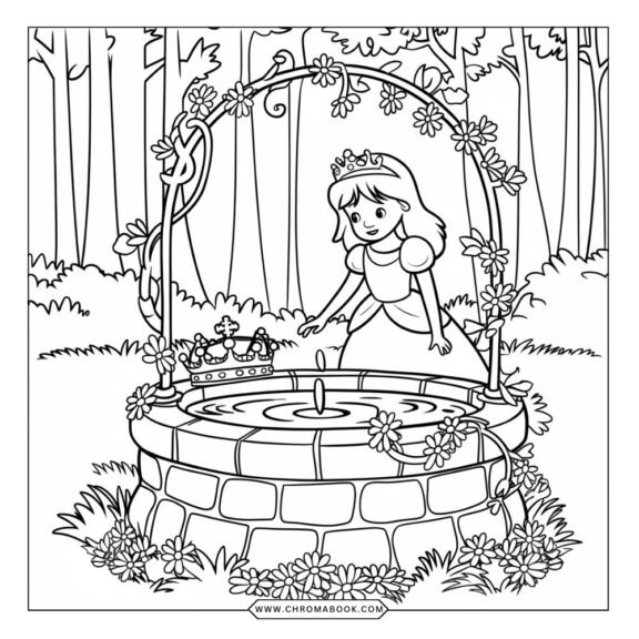 A whimsical vintage fairytale scene featuring enchanting characters and intricate designs, perfect for a free printable coloring page.