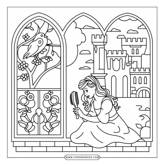 Intricate vintage fairytale scene featuring whimsical characters and enchanting landscapes, perfect for a free printable coloring page.
