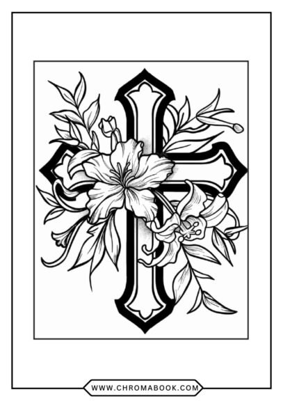 Intricate floral mandala design in a cross shape, perfect for relaxation and creativity. Free printable coloring page for all ages!