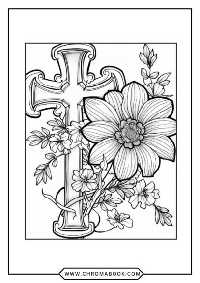 Intricate floral mandala design on a cross, perfect for relaxation. Ideal for creative expression. Free printable coloring page!