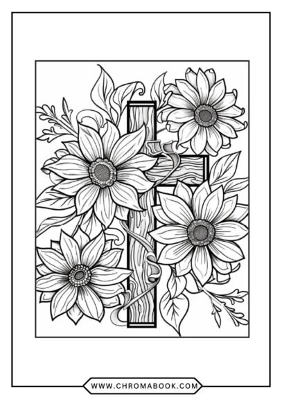 Intricate cross design featuring floral patterns, perfect for a serene coloring experience. Free printable coloring page.